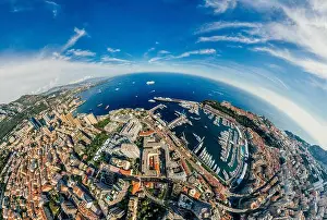 Motorboats Prints: Mountains in Monaco Monte-Carlo city riviera Drone summer photo Air 360 vr virtual reality drone panorama