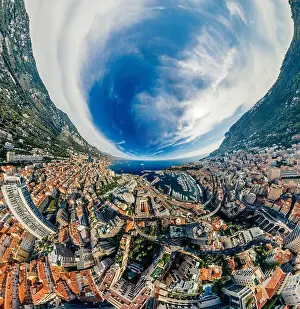 Motorboats Prints: Mountains in Monaco Monte-Carlo city riviera Drone summer photo Air 360 vr virtual reality drone panorama
