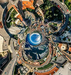 Motorboats Prints: Mountains in Monaco Monte-Carlo city riviera Drone summer photo Air 360 vr virtual reality drone panorama