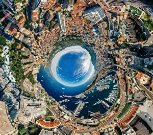 Motorboats Prints: Mountains in Monaco Monte-Carlo city riviera Drone summer photo Air 360 vr virtual reality drone panorama