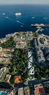 Motorboats Prints: Mountains in Monaco Monte-Carlo city riviera Drone summer photo Air 360 vr virtual reality drone panorama