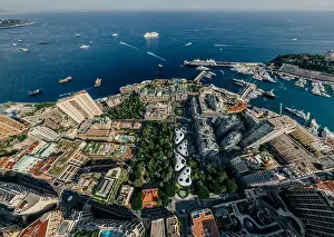 Motorboats Prints: Mountains in Monaco Monte-Carlo city riviera Drone summer photo Air 360 vr virtual reality drone panorama