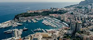 Motorboats Prints: Mountains in Monaco Monte-Carlo city riviera Drone summer photo Air 360 vr virtual reality drone panorama