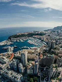 Motorboats Prints: Mountains in Monaco Monte-Carlo city riviera Drone summer photo Air 360 vr virtual reality drone panorama