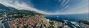 Motorboats Prints: Mountains in Monaco Monte-Carlo city riviera Drone summer photo Air 360 vr virtual reality drone panorama