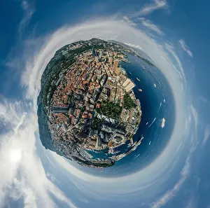 Motorboats Prints: Mountains in Monaco Monte-Carlo city riviera Drone summer photo Air 360 vr virtual reality drone panorama