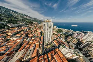 Motorboats Prints: Mountains in Monaco Monte-Carlo city riviera Drone summer photo Air 360 vr virtual reality drone panorama