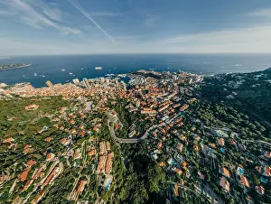 Motorboats Prints: Mountains in Monaco Monte-Carlo city riviera Drone summer photo Air 360 vr virtual reality drone panorama