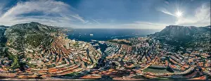 Motorboats Prints: Mountains in Monaco Monte-Carlo city riviera Drone summer photo Air 360 vr virtual reality drone panorama
