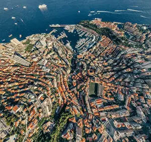 Motorboats Prints: Mountains in Monaco Monte-Carlo city riviera Drone summer photo Air 360 vr virtual reality drone panorama