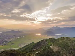 Mountains, river and city of Nha Trang, view from a drone