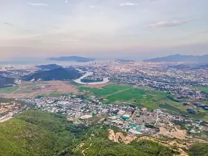 Mountains, river and city of Nha Trang, view from a drone