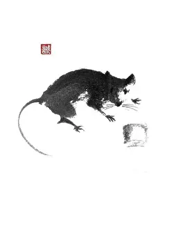 Little Prints: Mouse with cheese Japanese style original sumi-e ink painting