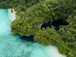 The mouth of a dark, water-filled cave opens on the edge of a forest-covered limestone island near Fak Fak, Indonesia. Limestone often harbors caves