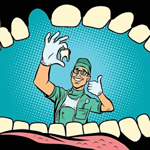 Dentistry Prints: Mouth without tooth. Joyful dentist male doctor