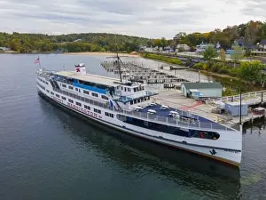 Laconia Prints: MS Mount Washington cruise ship docked at Weirs Beach port on Lake Winnipesaukee with fall foliage in City of Laconia