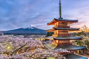 Images Dated 18th April 2017: Mt. Fuji and temple pagoda in Fujiyoshida, Japan