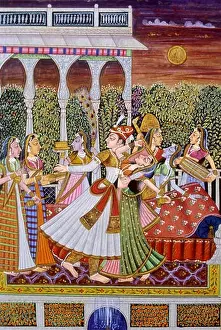 Mughal painting of King Raja Maharaja Emperor with Queens in the garden