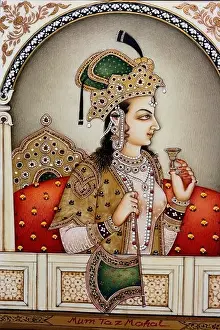 Mughal princess Mumtaz Mahal sitting throne sipping wine miniature painting