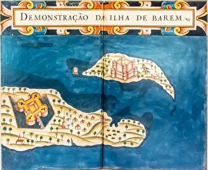 Muharraq 1635, shows Arad and Manama fort on mainland Bahrain churches and houses. Maps of Bahrain