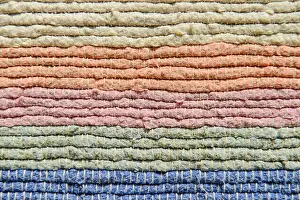 Yarn Prints: Multicolor fabric texture. Handmade traditional Thailand carpet