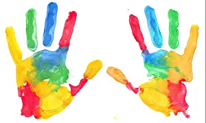Mess Prints: Multicolored hand print on white background