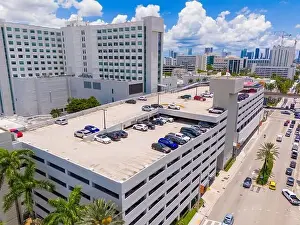 Multilevel parking garage. Aerial drone photo