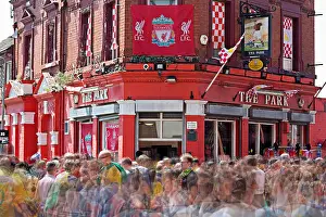 Multiple Exposure Prints: Multiple exposure image of football fans outside Anfield Liverpool for the friendly game between Brazil and Croatia