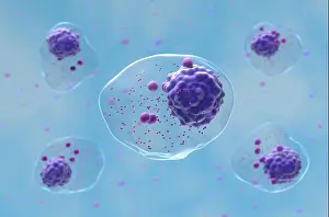 Chronic Prints: Multiple myeloma (MM) cells in the blood flow - closeup view 3d illustration