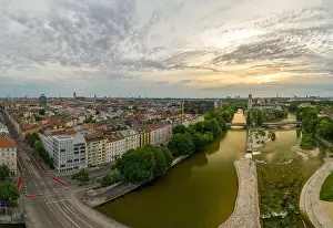 Munich view from a drone at the sunrise includes the Isar river and some popular landmarks