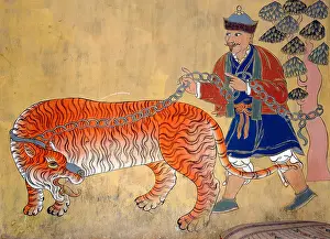 Lama Prints: Mural painting of a Mongol with a chained tiger