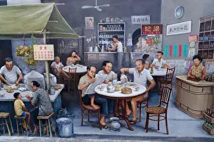 Coffee Shop Prints: Detail of a mural by Singaporean artist Yip Yew Chong in Chinatown