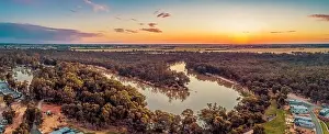 Bends Prints: Murray River bend at sunset - aerial panorama