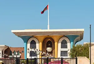 Oman Prints: Muscat, Oman - February 10, 2020: Front view of the Al Alam Palace of one of six sultanic residences