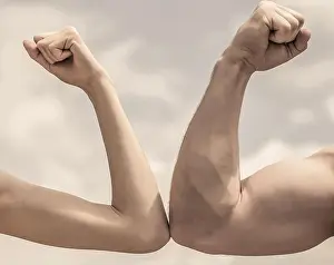 Muscles Prints: Muscular arm vs weak hand. Vs, fight hard