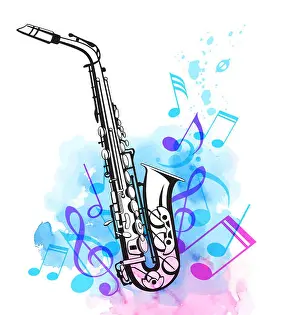Saxophone Prints: Music notes and saxophone with pink and blue watercolor texture