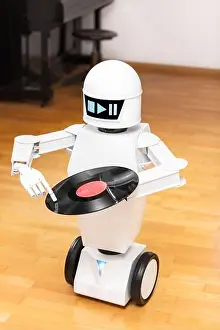 Anthropomorphic Prints: music robot is playing a record while touching with his finger the record