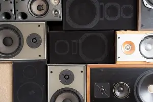 Bass Prints: Music sound speakers hanging on the wall in retro vintage style