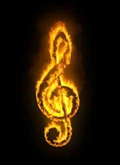 Flames Prints: Music treble clef symbol burning with red hot flames and smoke on black background