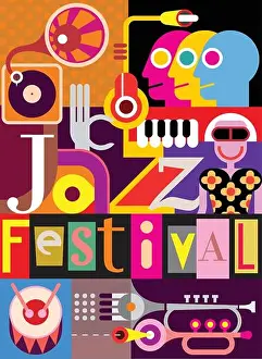 Blues Prints: Musical abstract collage - vector illustration with musical instruments and inscription 'Jazz Festival'
