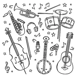 MUSICAL INSTRUMENTS Large Design Collection For Concerts And Recording Studios Notes Treble Clef Microphones