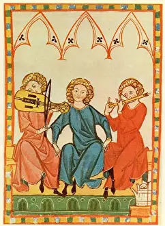 Singers Prints: Musicians from the Middle Ages illumination with minstrel accompanied by viella & flute