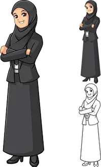 Poses Prints: Muslim Businesswoman Wearing Black Veil or Scarf with Folded Hands Cartoon Character Vector Illustration