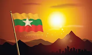 Sea Cloud Prints: Myanmar flag with sunset background of mountains and lakes