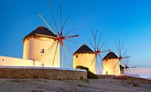 Images Dated 13th June 2011: Mykonos night evening landscape with a windmills, Mykonos Island, Cyclades Islands, Greece