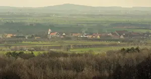 Vignetting Prints: Myslakow village among fields pictured in the old school manner vignetting