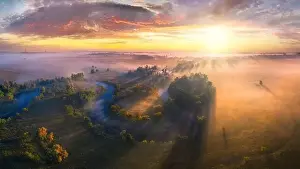 Turns Prints: Mystical morning river, the sun's rays shine through the fog