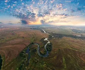 Turns Prints: Mystical morning river, the sun's rays shine through the fog