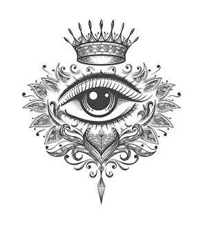 Pupils Prints: Mystical Tattoo of All Seeing Eye with Crown drawn in Engraving Style. Vector illustration