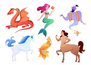 Fairytale Prints: Mythical fantasy creatures set, cartoon mythology collection